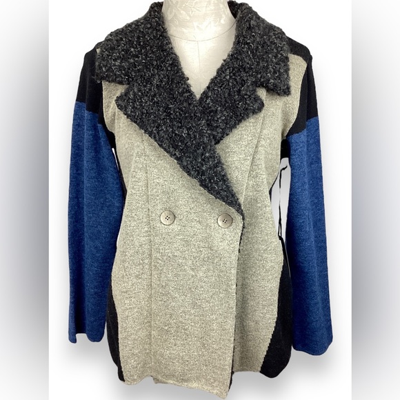Diktons Barcelona Wool Blend Colorblock Jacket Cardigan cream blue gray - Picture 1 of 8